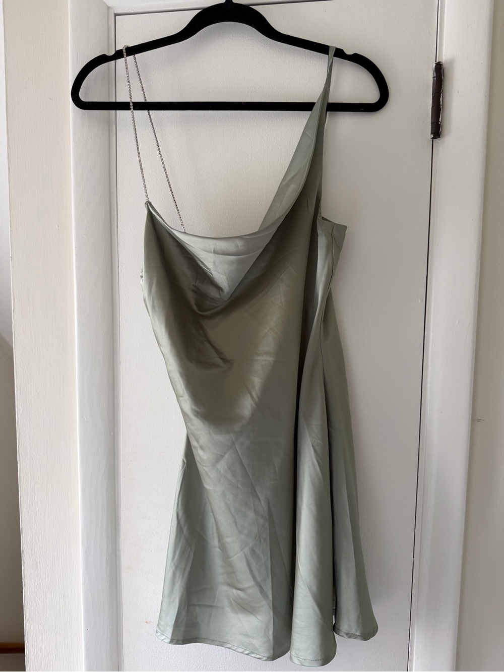 Satin Asymmetrical Slip Dress in Sage Green